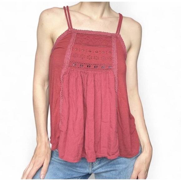 American Eagle Outfitters Tops - American Eagle Red Women’s Tank Boho Lace Eyelet Top Size S